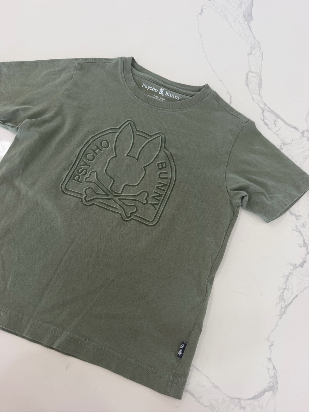 Psycho Bunny Boys Small 7/8 Embossed Logo T-Shirt Green 100% Pima Cotton